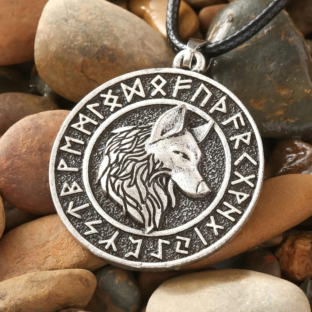 Silver Wolf Pendant with Runes
